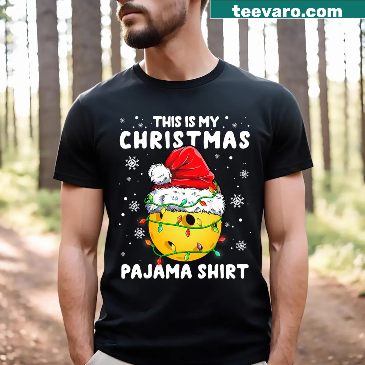 Funny Christmas T-shirt saying 'This Is My Christmas Pickleball Pajama.' — on a men's t-shirt