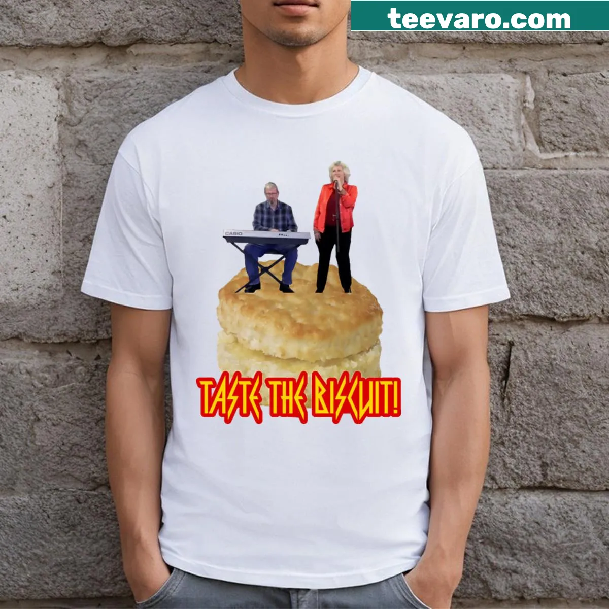 Cartoon T-shirt featuring a moose and toaster with biscuit humor — on a men's t-shirt