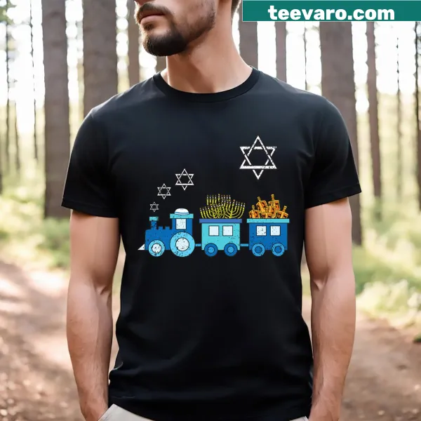 Festive Hanukkah shirt featuring menorah and dreidel design
