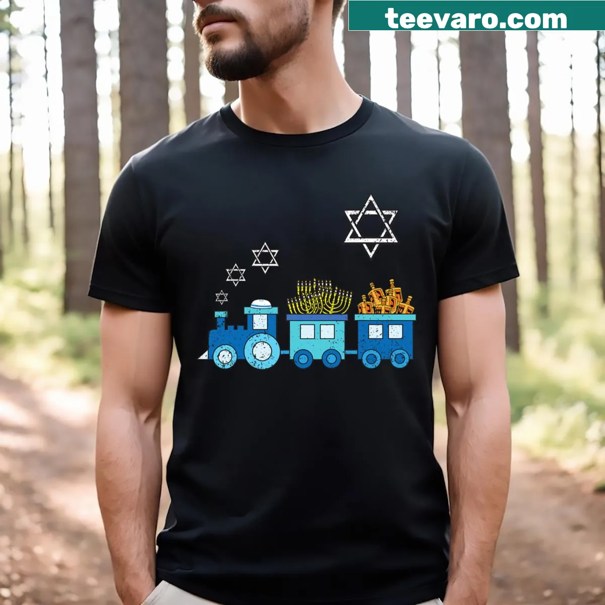 Festive Hanukkah shirt featuring menorah and dreidel design — on a men's t-shirt