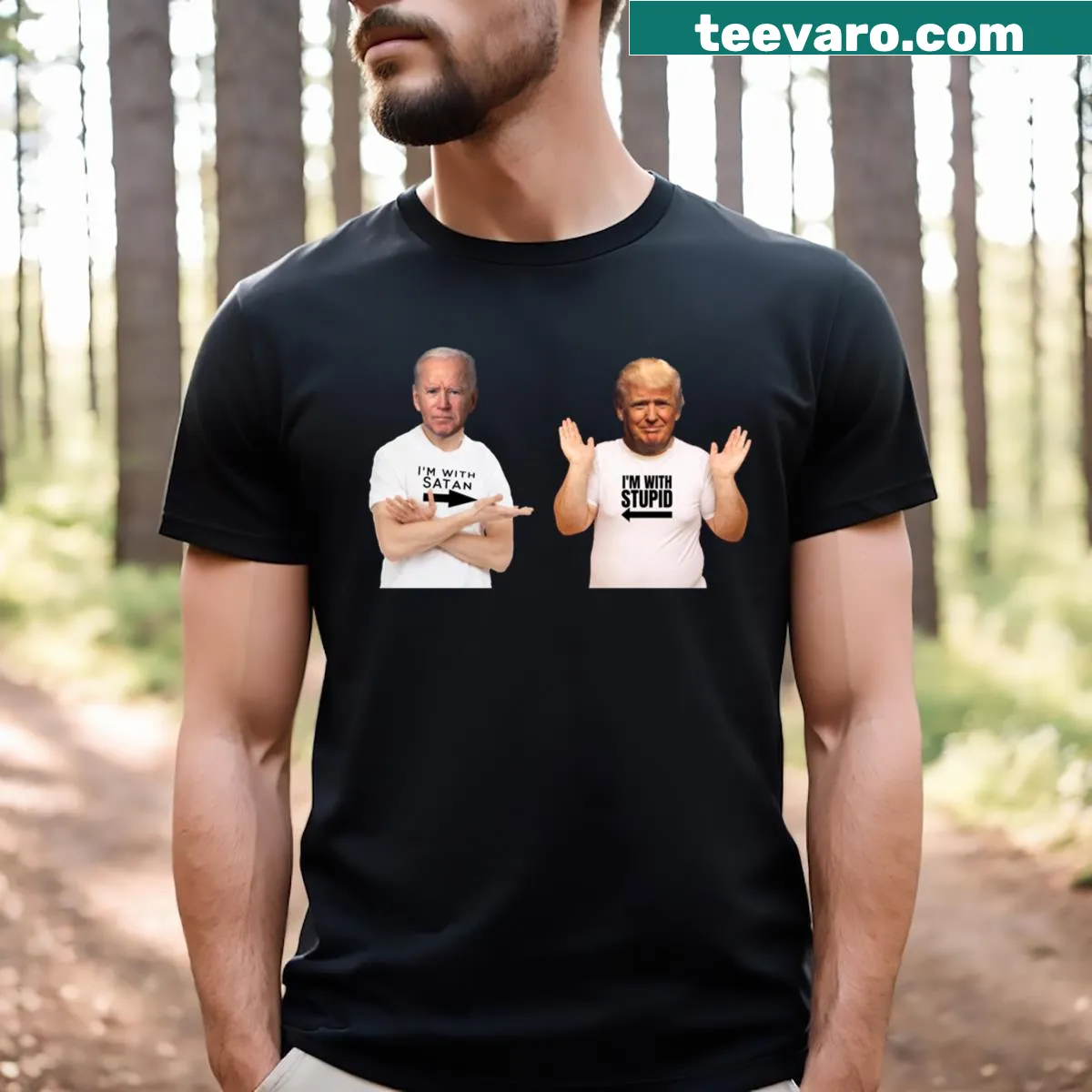 Sarcastic T-shirt with political humor about Trump and Biden — on a men's t-shirt