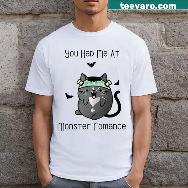 Funny Halloween T-shirt featuring monster romance text