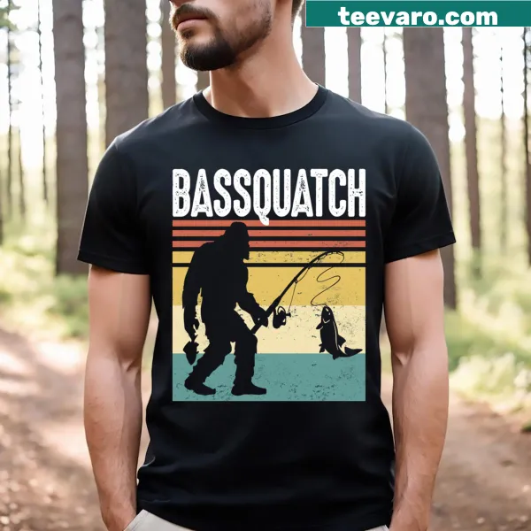 Funny fishing t-shirt with a Bigfoot holding a fishing pole in a retro design