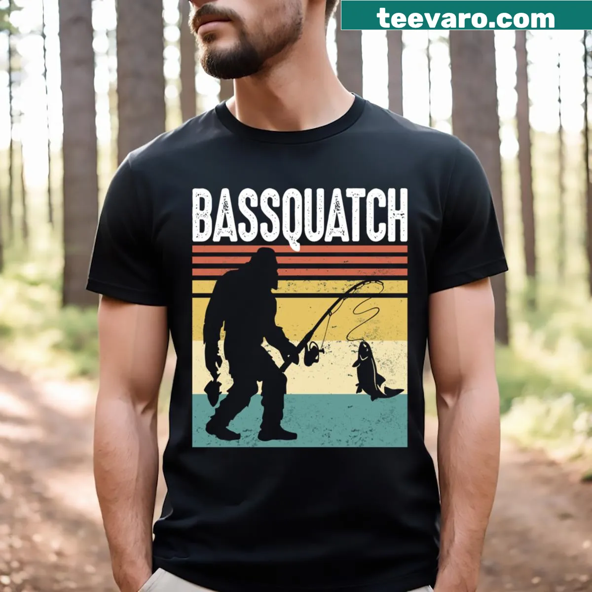 Funny fishing t-shirt with a Bigfoot holding a fishing pole in a retro design — on a men's t-shirt