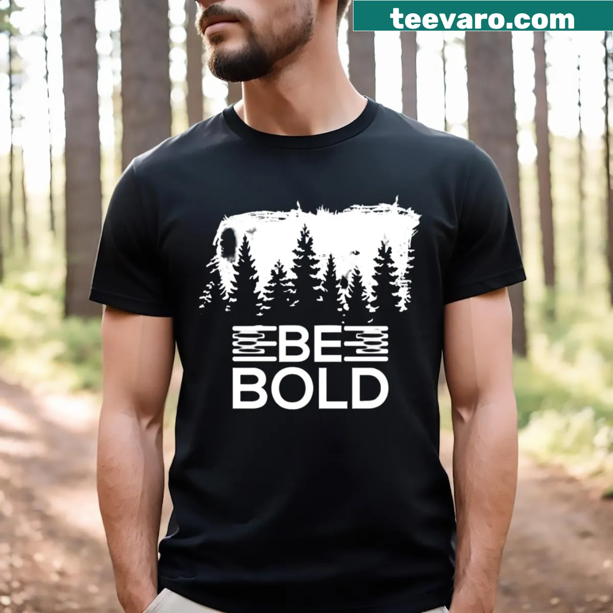 Inspirational typography t-shirt reading 'Be Bold' in a simple design — on a men's t-shirt