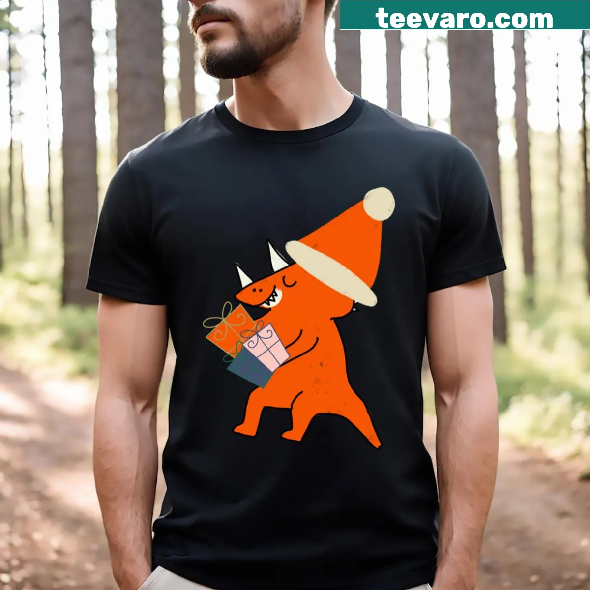 Cute T-shirt featuring a dinosaur with Christmas gifts — on a men's t-shirt
