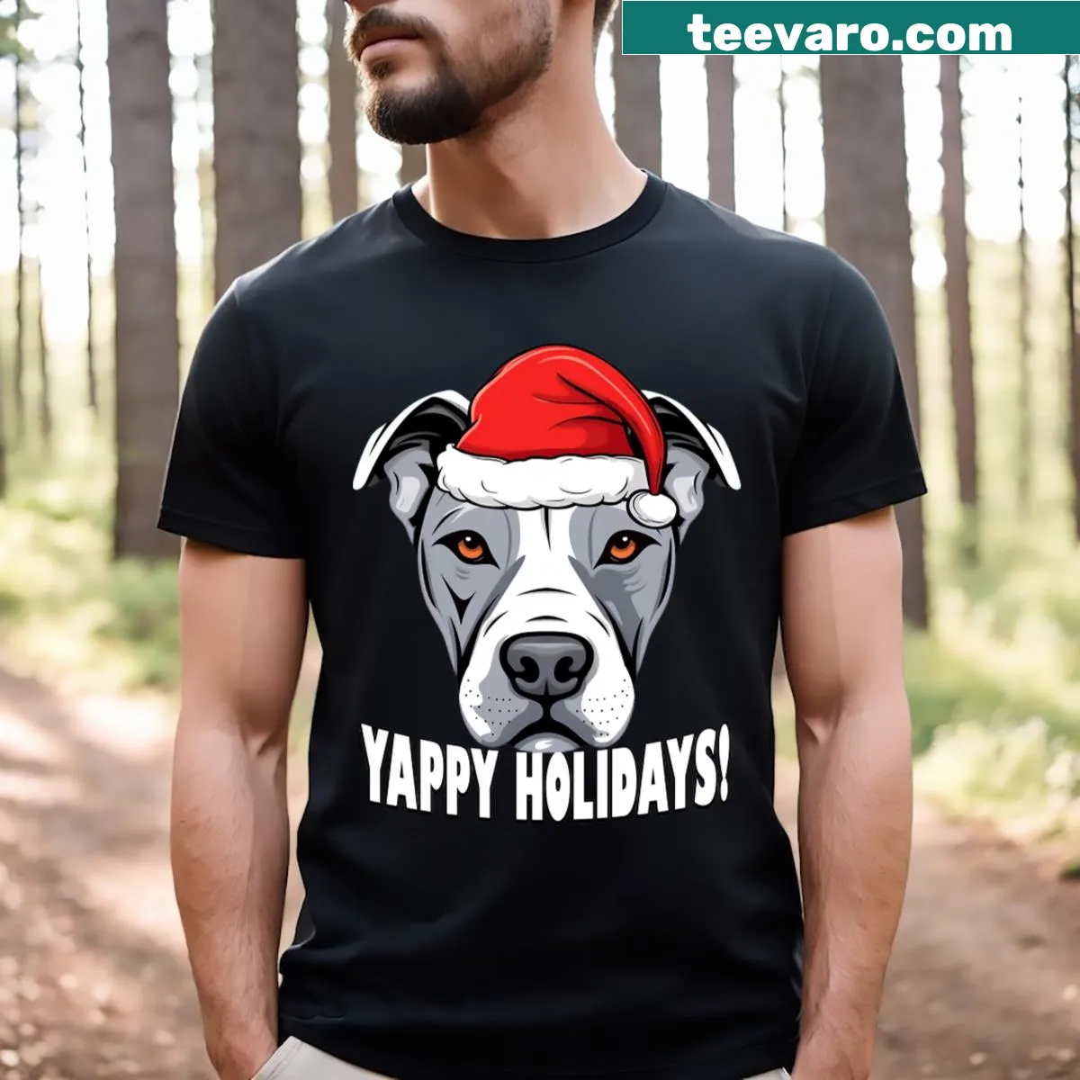 Funny holiday shirt with a pitbull and 'Yappy Holidays' text — on a men's t-shirt