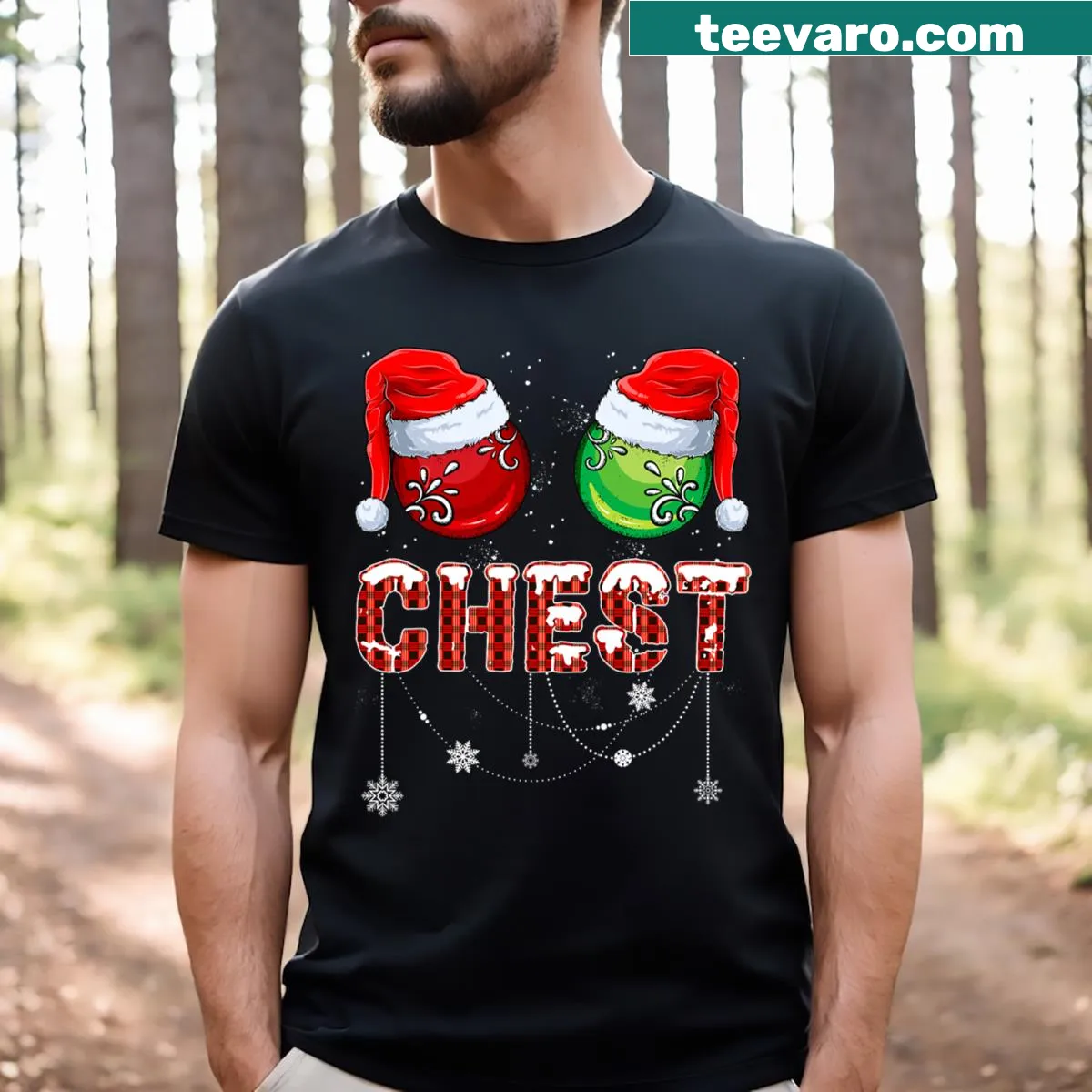 Matching Christmas couple T-shirts with chestnuts roasting design — on a men's t-shirt