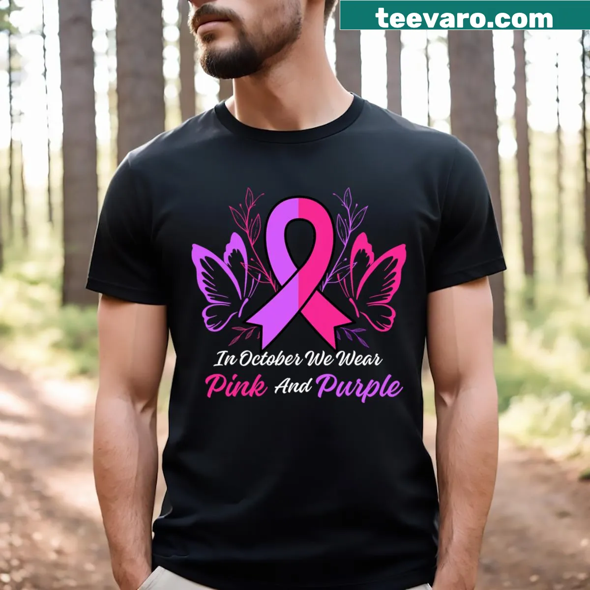 Breast cancer awareness ribbon graphic with domestic violence support text — on a men's t-shirt