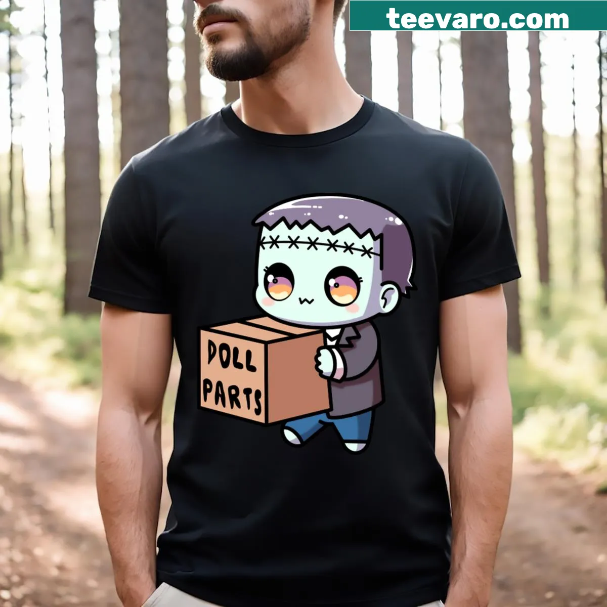 Fun and whimsical t-shirt featuring Frankie in a cartoon style — on a men's t-shirt
