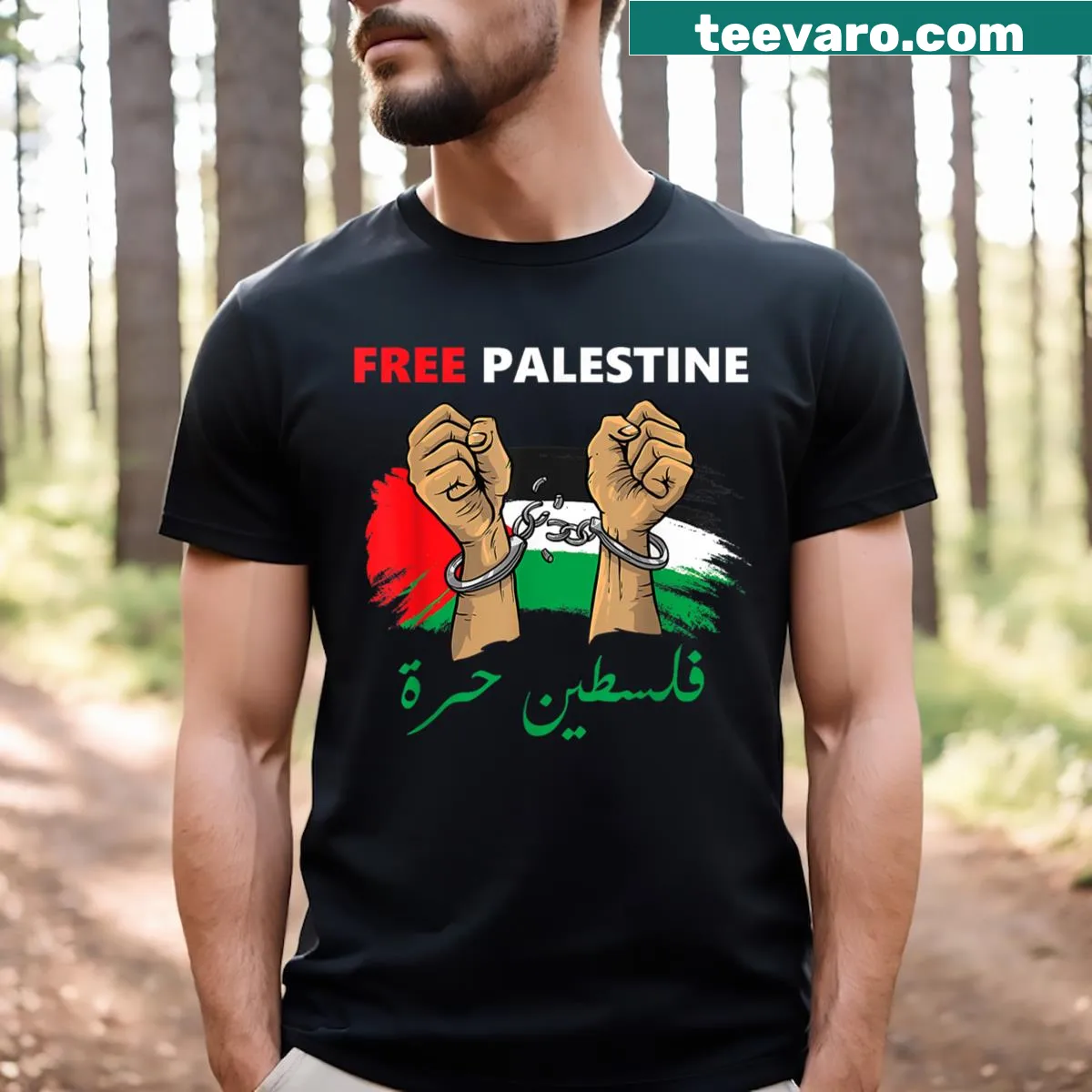 T-shirt with Free Gaza Free Palestine text and flag design — on a men's t-shirt