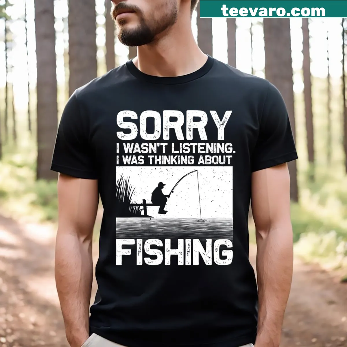 Whimsical fishing graphic T-shirt featuring trout and bass — on a men's t-shirt