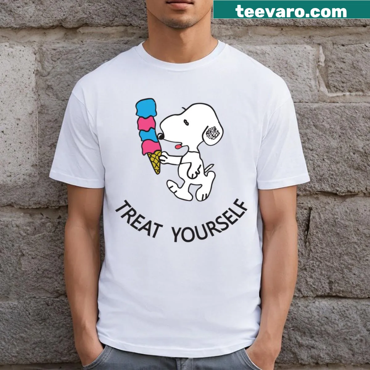 Peanuts themed T-shirt encouraging self-treat with playful design — on a men's t-shirt