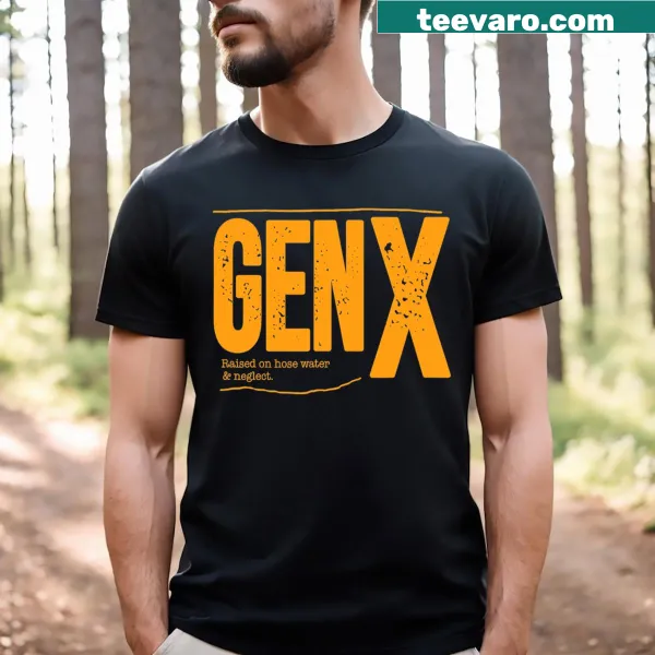 Nostalgic T-shirt featuring humorous text about Gen X childhood experiences.