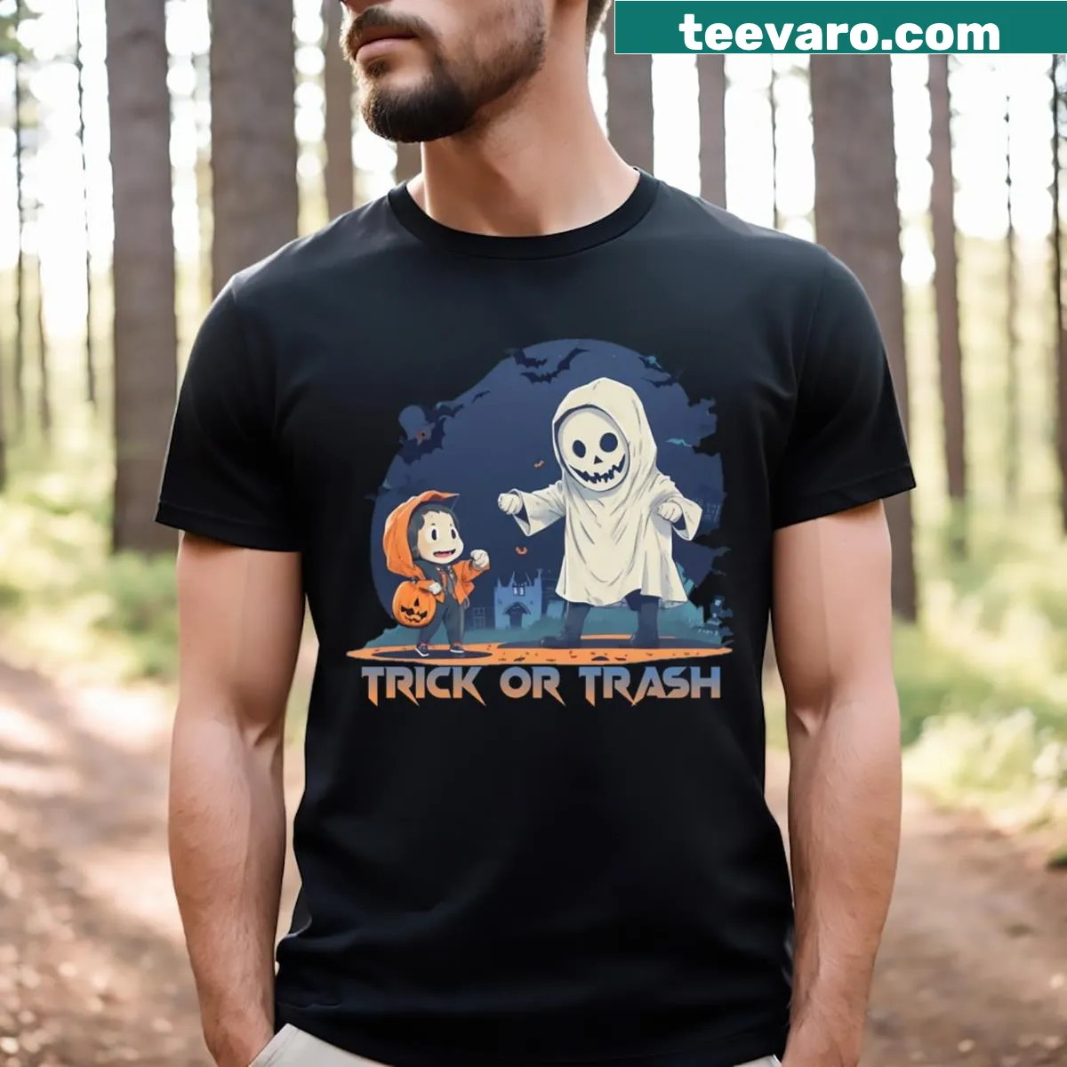 Whimsical T-shirt featuring a friendly ghost and a child illustration. — on a men's t-shirt