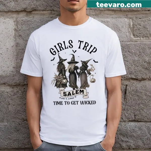 Retro-style T-shirt referencing Salem's witches with humorous graphics.
