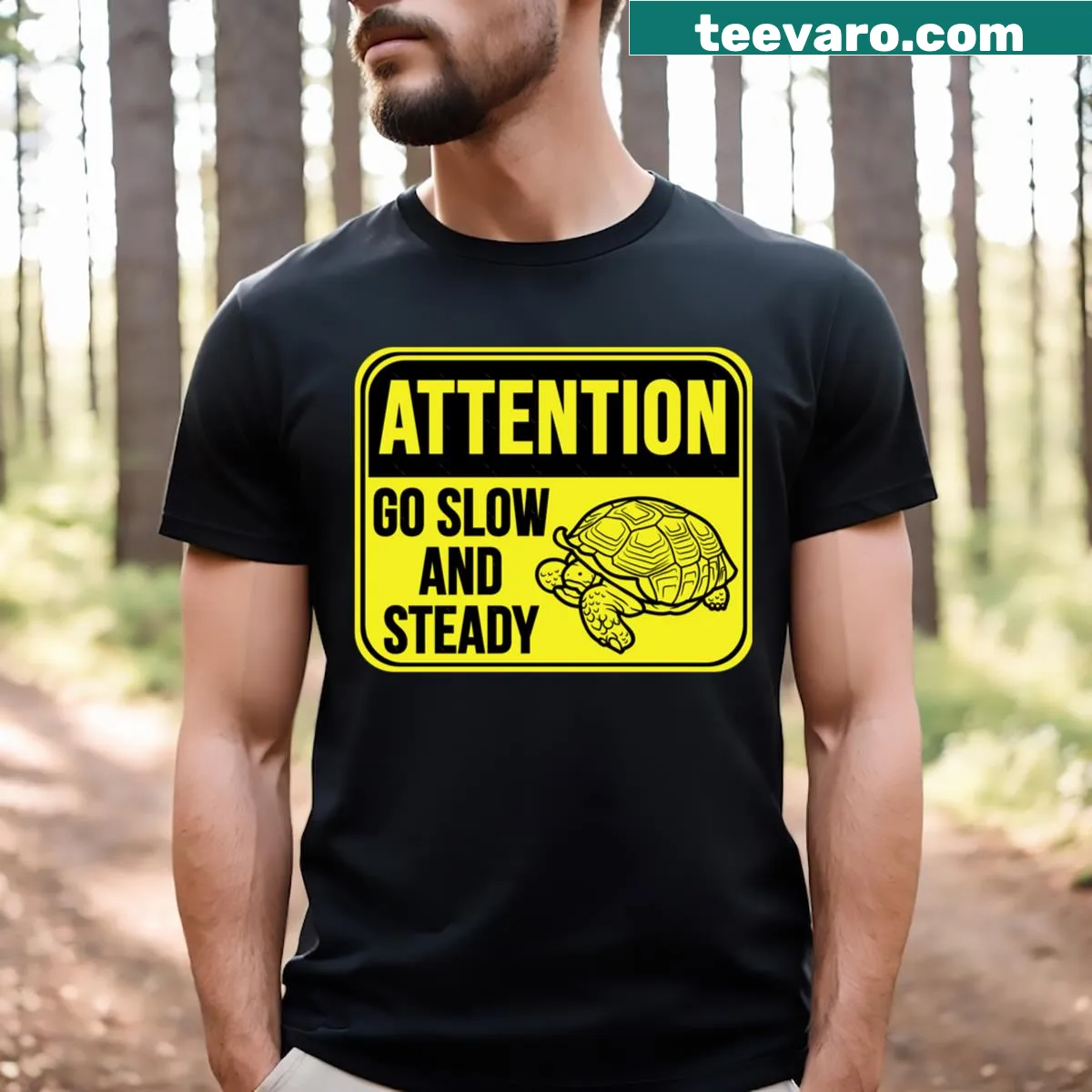 Motivational T-shirt with 'Go Slow And Steady' text design — on a men's t-shirt