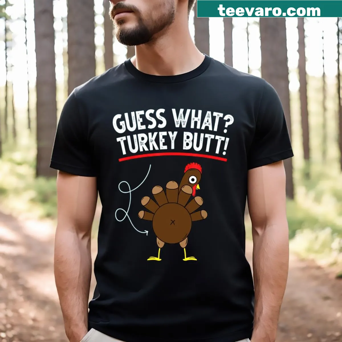 Cartoon turkey dressed as a pilgrim with funny text on t-shirt — on a men's t-shirt