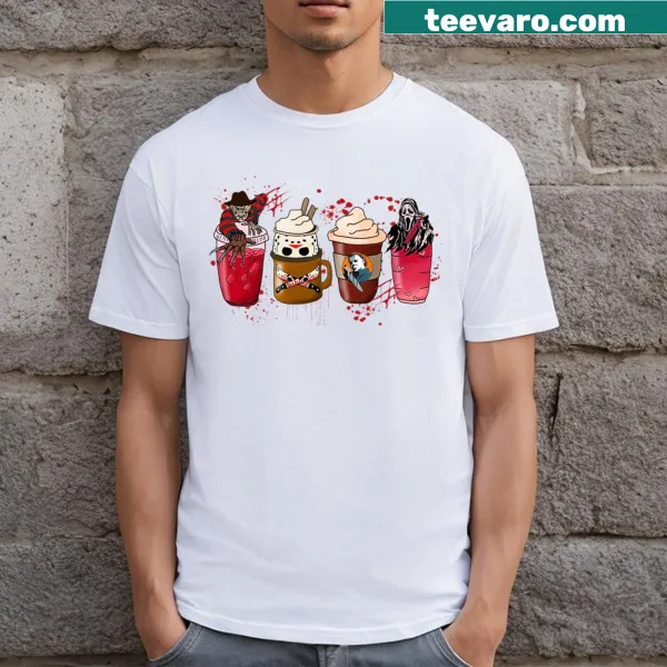 Spooky coffee cup illustration with Halloween theme on t-shirt