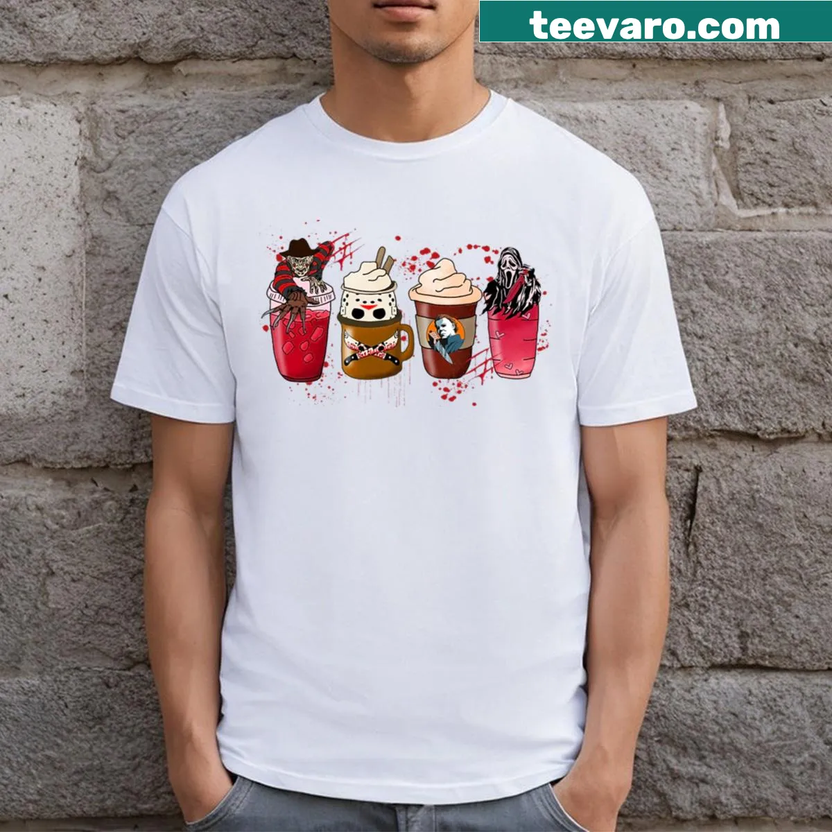Spooky coffee cup illustration with Halloween theme on t-shirt — on a men's t-shirt