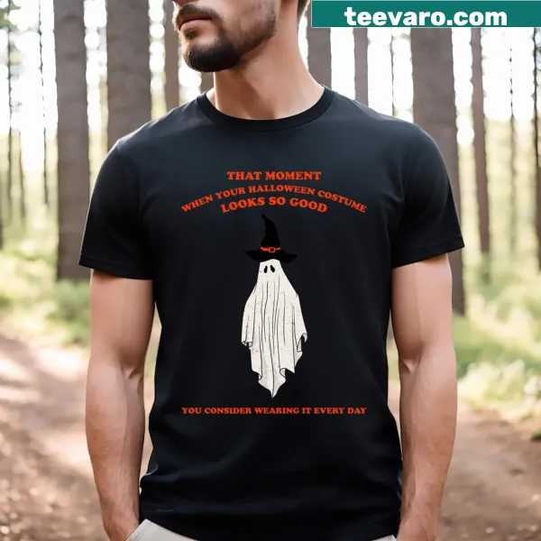 Whimsical graphic of various Halloween costumes on t-shirt