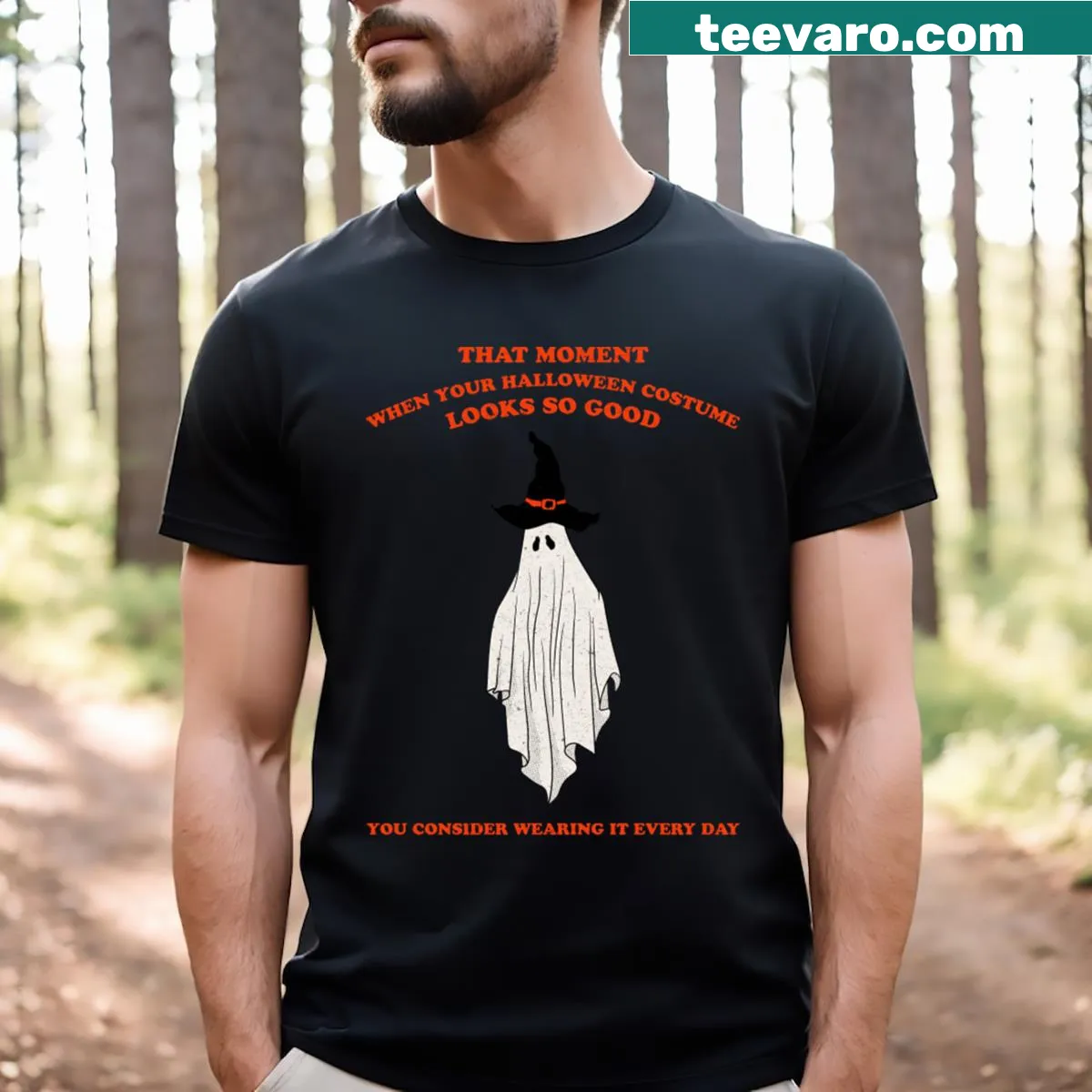 Whimsical graphic of various Halloween costumes on t-shirt — on a men's t-shirt