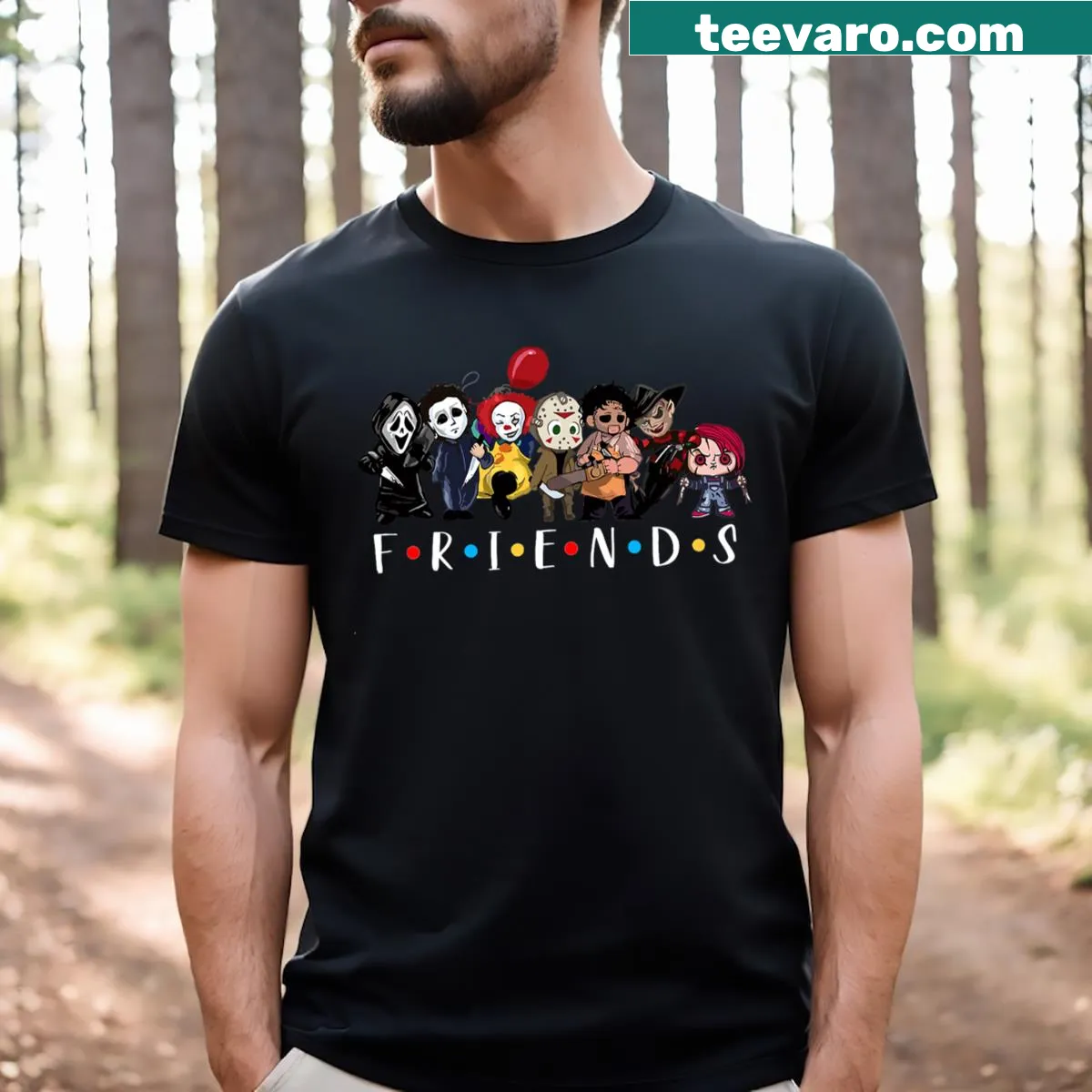 T-shirt featuring horror movie characters and killers — on a men's t-shirt