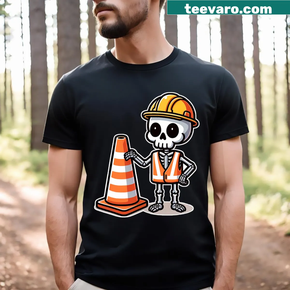 Skeleton traffic cone graphic for Halloween T-shirt — on a men's t-shirt