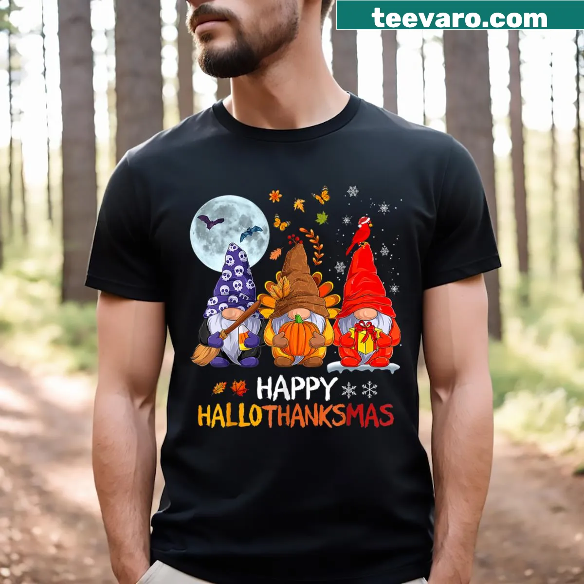 Whimsical gnomes celebrate Halloween, Thanksgiving, and Christmas on a festive t-shirt — on a men's t-shirt