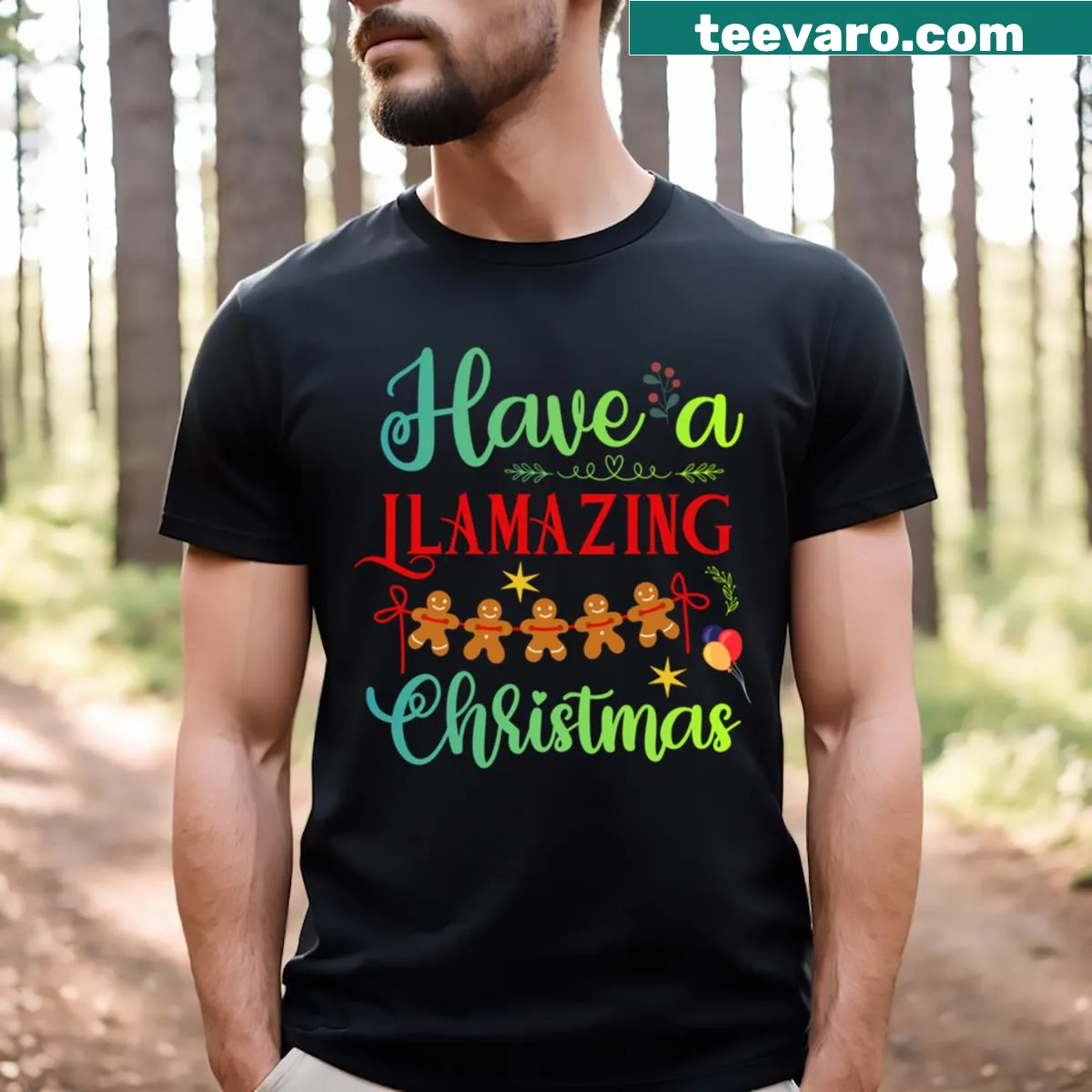 Christmas llama design with festive decorations and pun. — on a men's t-shirt