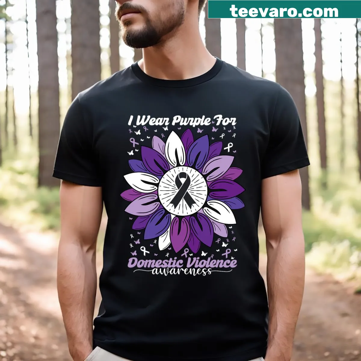 T-shirt with bold text for Domestic Violence Awareness Month — on a men's t-shirt