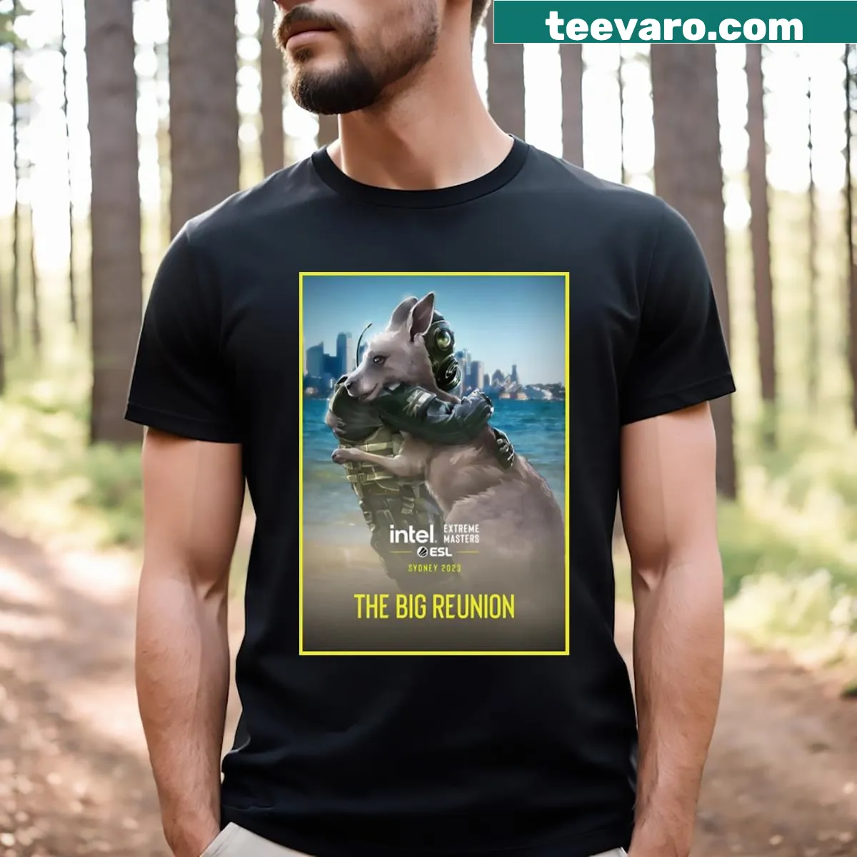 Kangaroo design T-shirt with 'Iem Sydney 2023' text — on a men's t-shirt