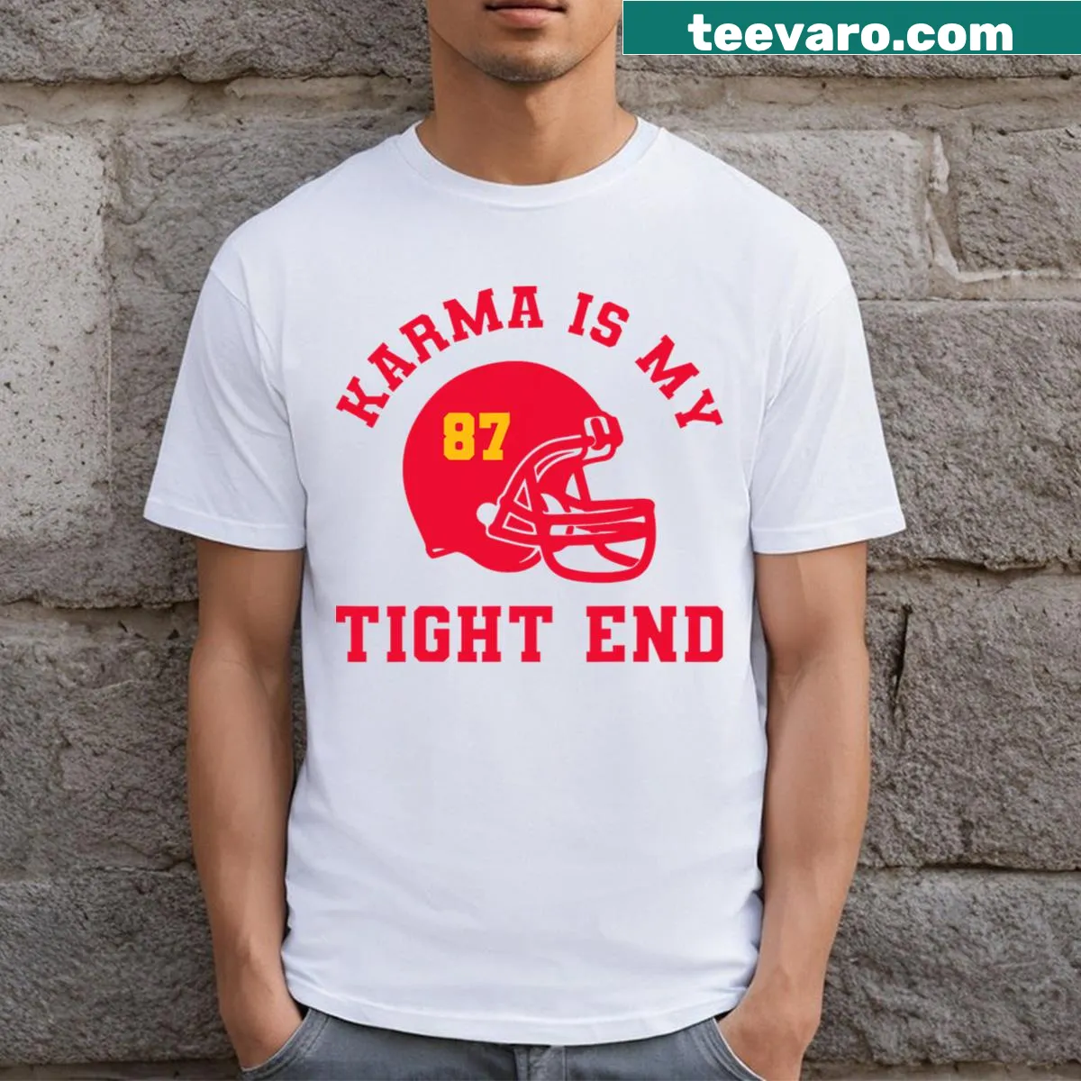 American Football t-shirt with humorous 'Karma' graphic — on a men's t-shirt
