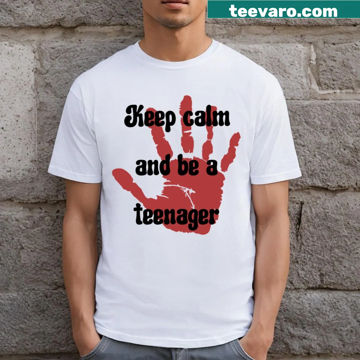T-shirt with Keep Calm And Be A Teenager slogan — on a men's t-shirt