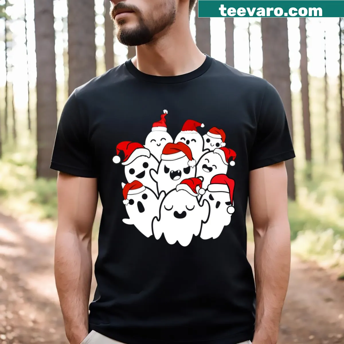Funny Christmas shirt with ghosts in Santa hats and Merry Creepmas text — on a men's t-shirt