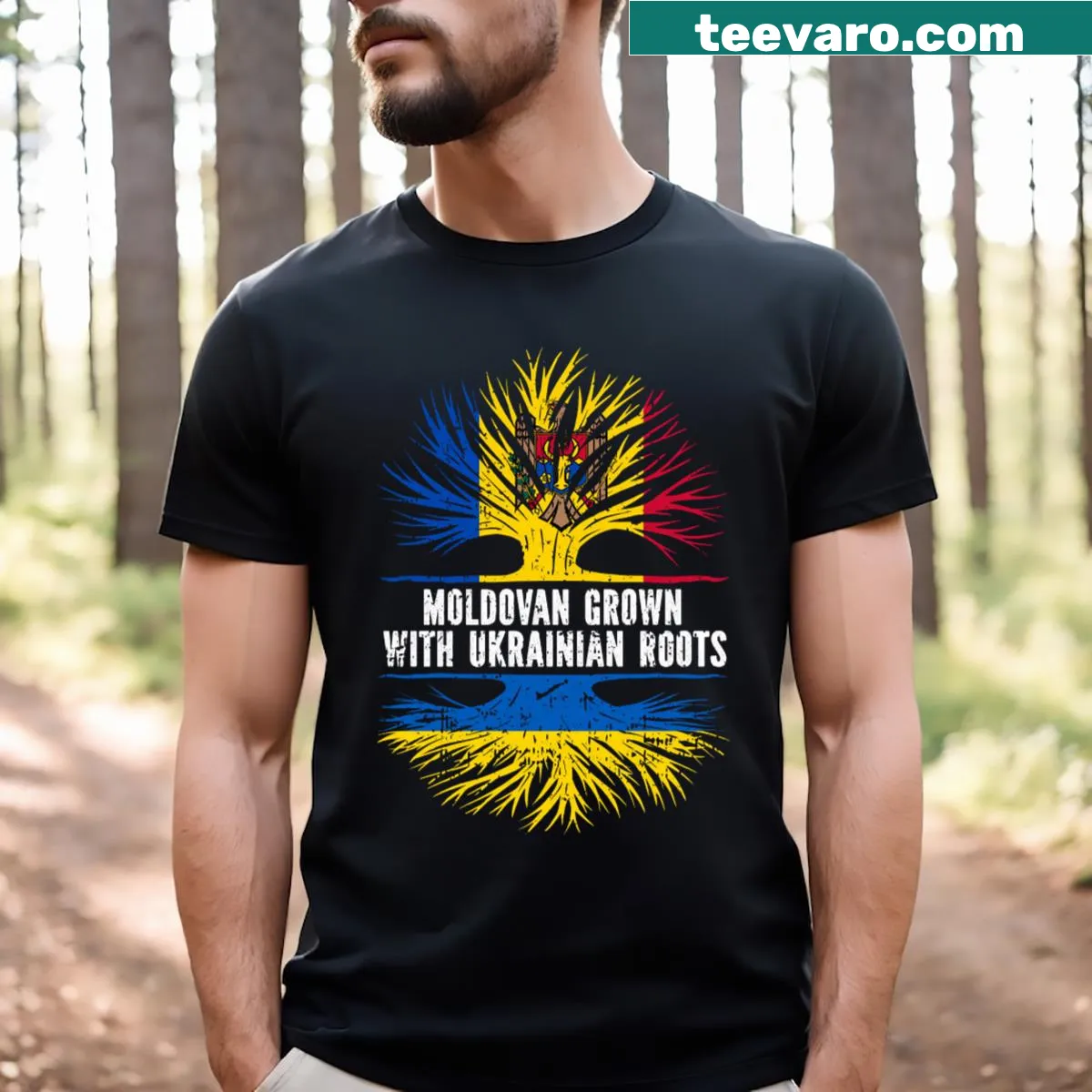 T-shirt with combined Moldovan and Ukrainian flags in a badge-emblem style. — on a men's t-shirt