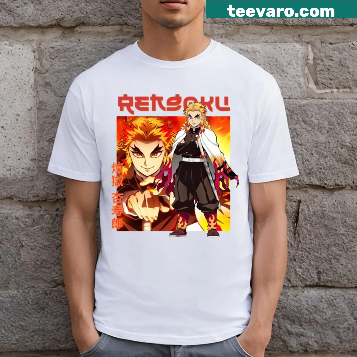 Anime-inspired Flame Hashira design with Japan Kanji. — on a men's t-shirt