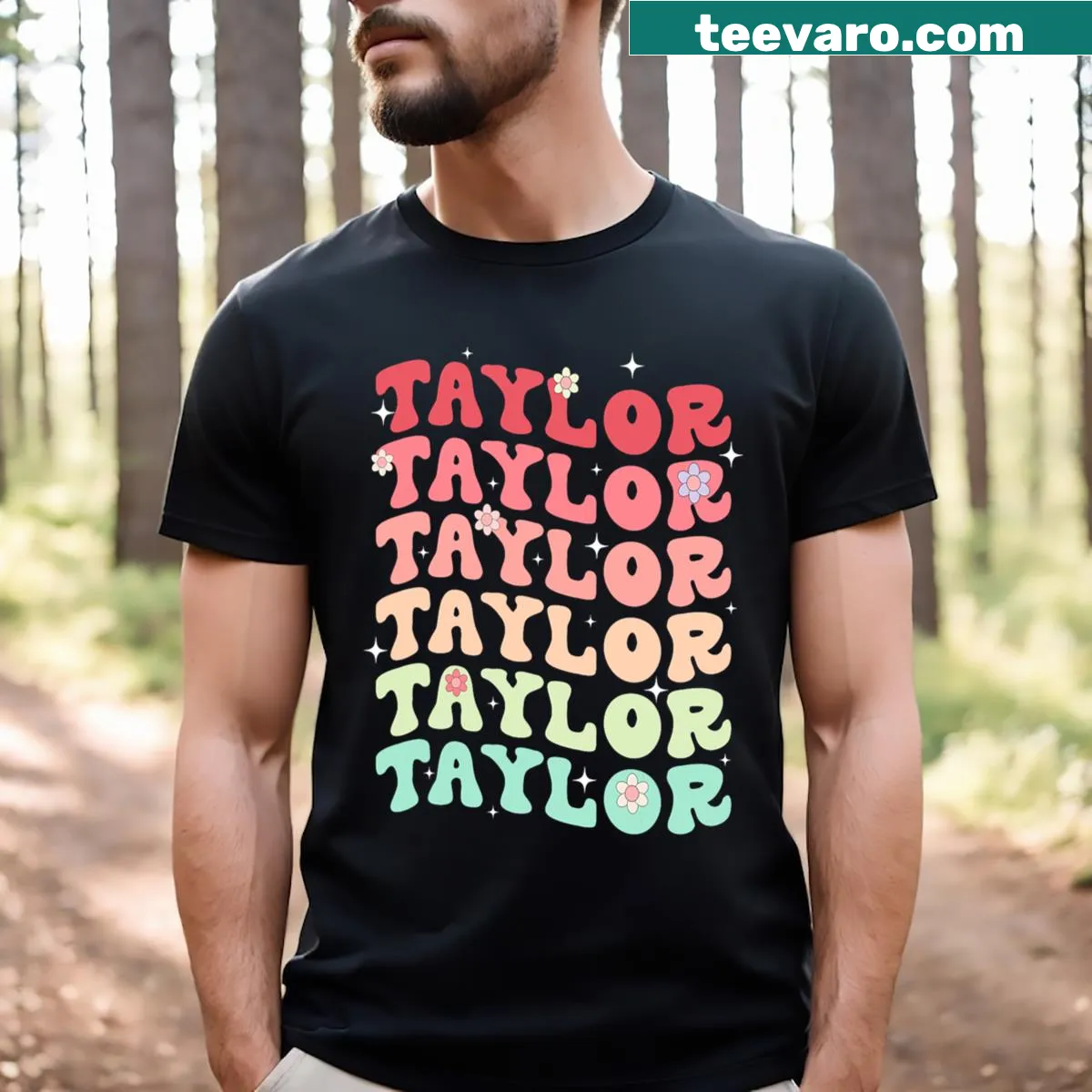 Retro T-shirt featuring 'Taylor' with a groovy design — on a men's t-shirt