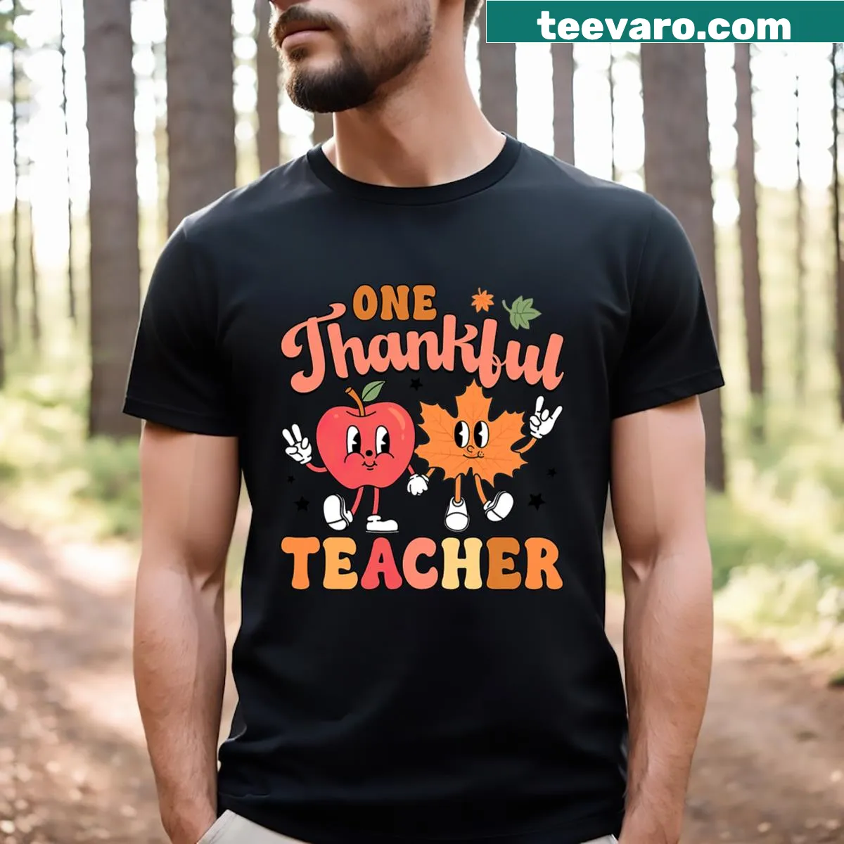 Thanksgiving T-shirt with 'One Thankful Teacher' and fall leaves — on a men's t-shirt