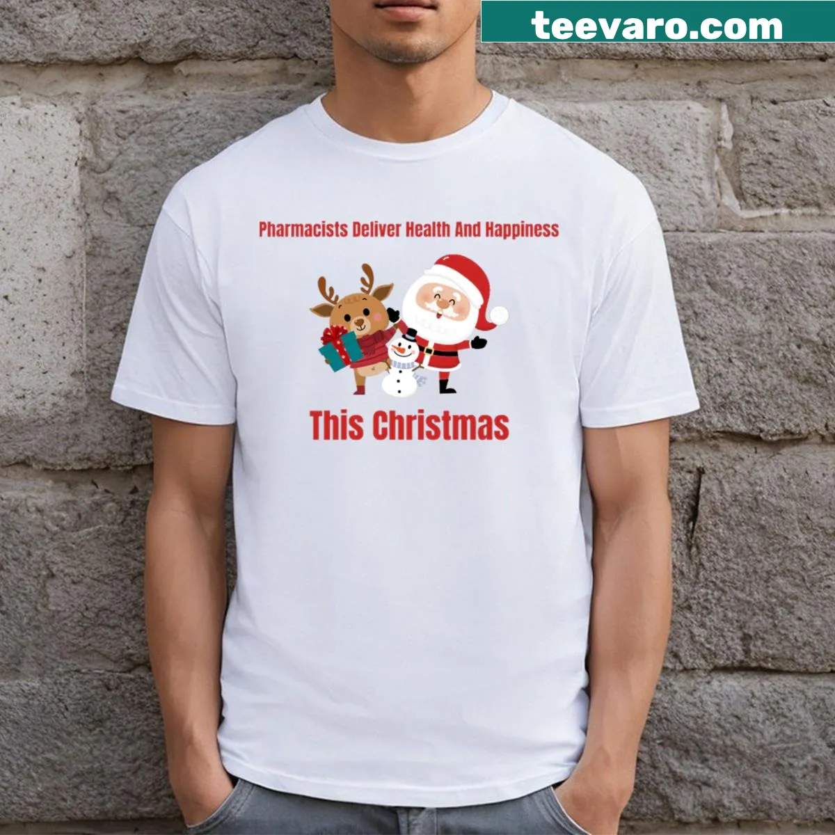 Cheerful pharmacist-themed Christmas t-shirt with health message — on a men's t-shirt