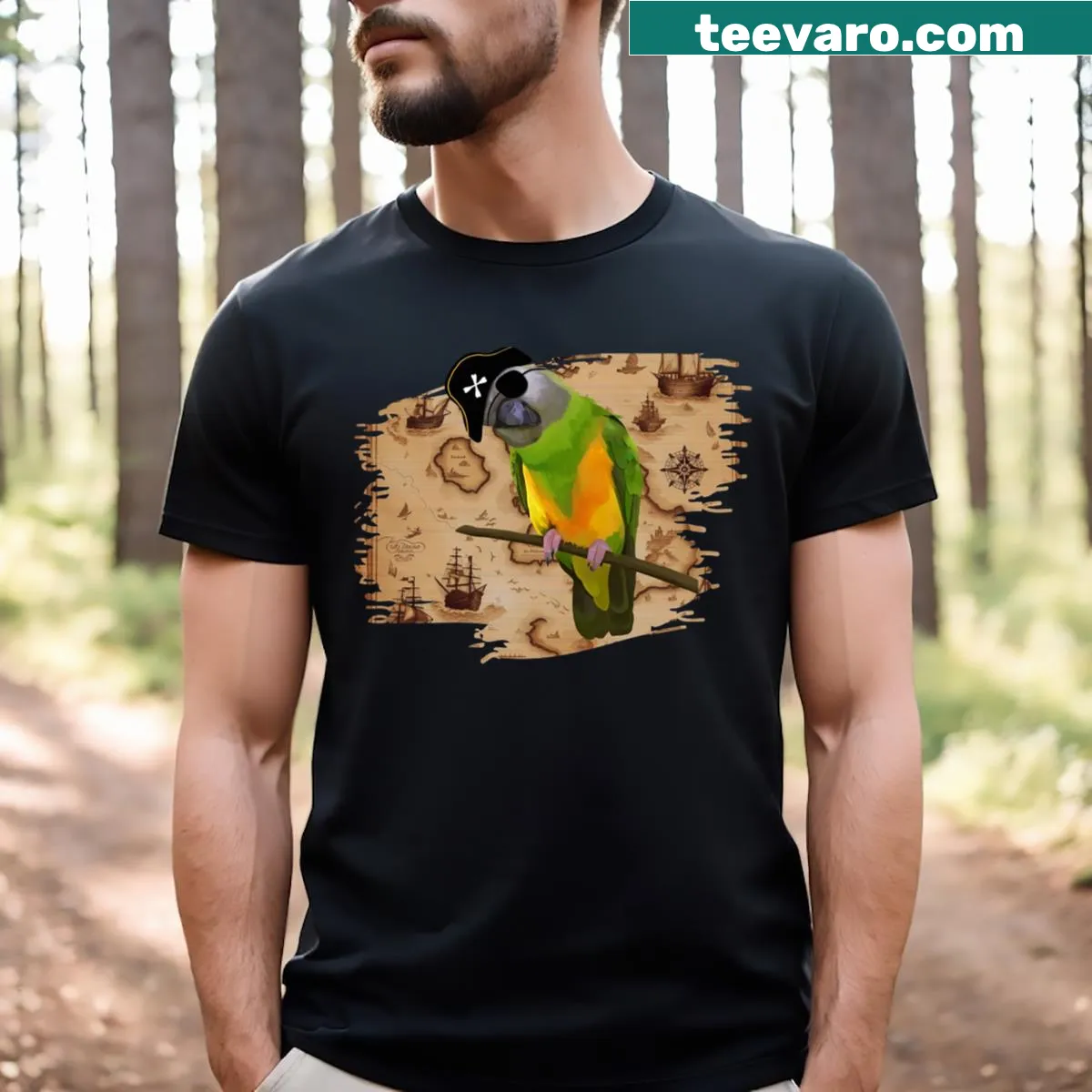 Illustrated pirate map with Senegal parrot design — on a men's t-shirt