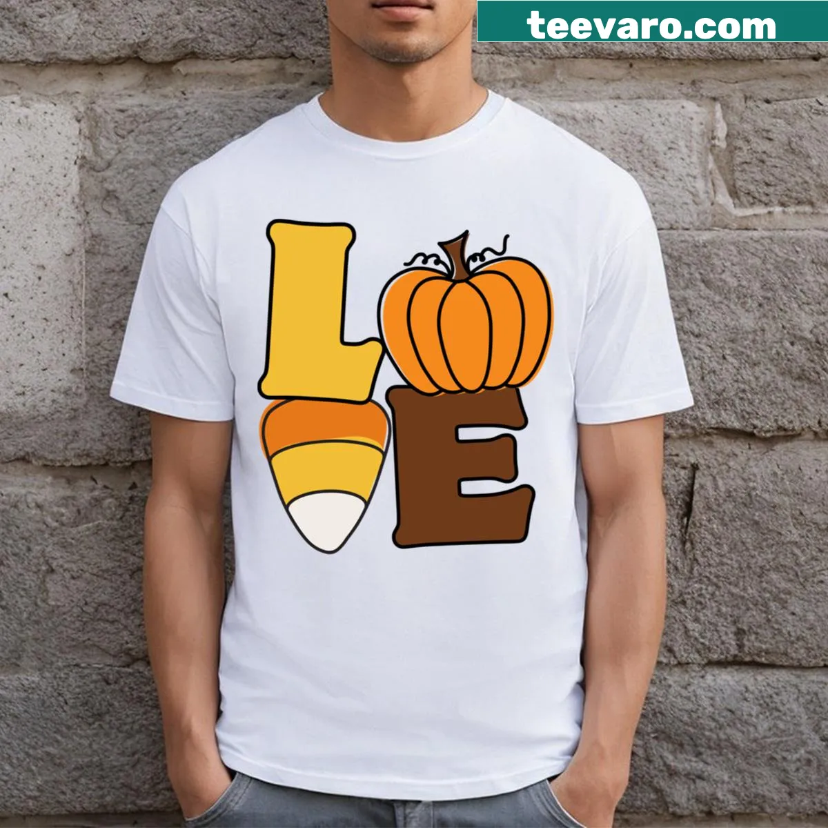 Text celebrating fall with pumpkins and candy corn on a T-shirt — on a men's t-shirt