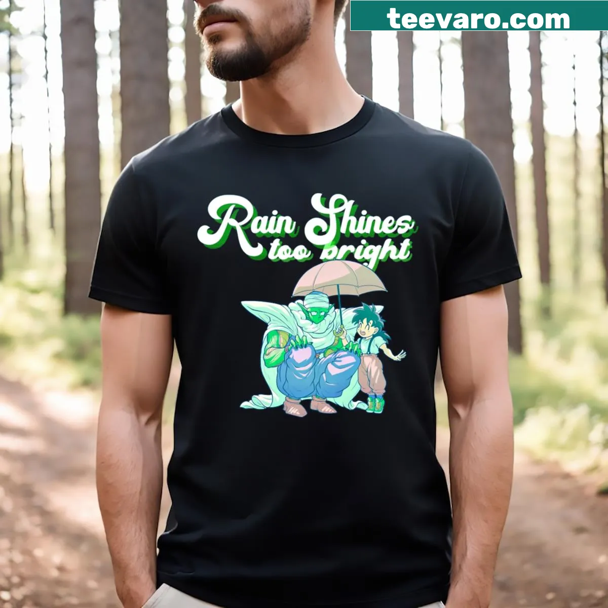 Inspirational T-shirt with the phrase 'Rain Shines Too Bright' — on a men's t-shirt
