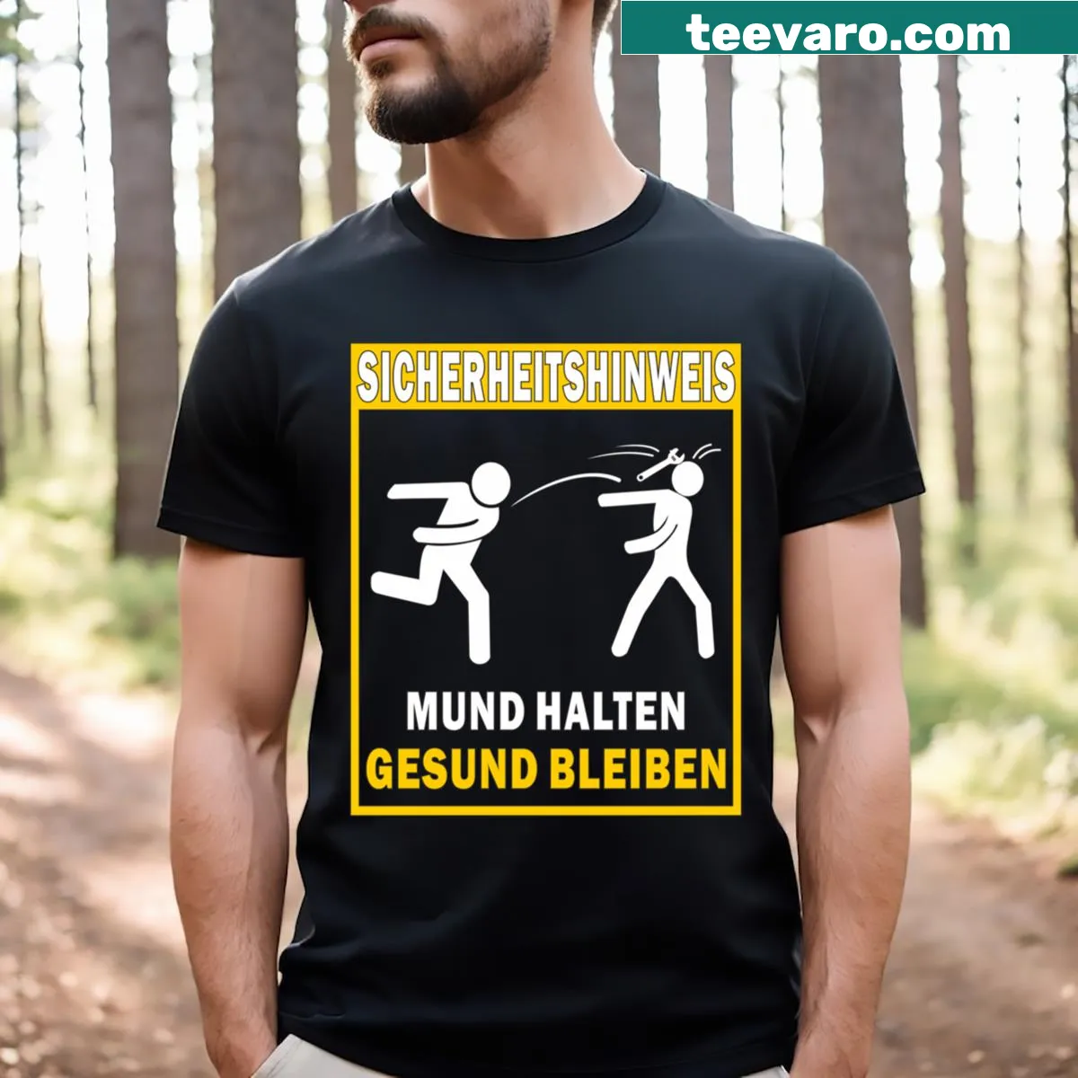 T-shirt with safety note graphic about health and wellness — on a men's t-shirt