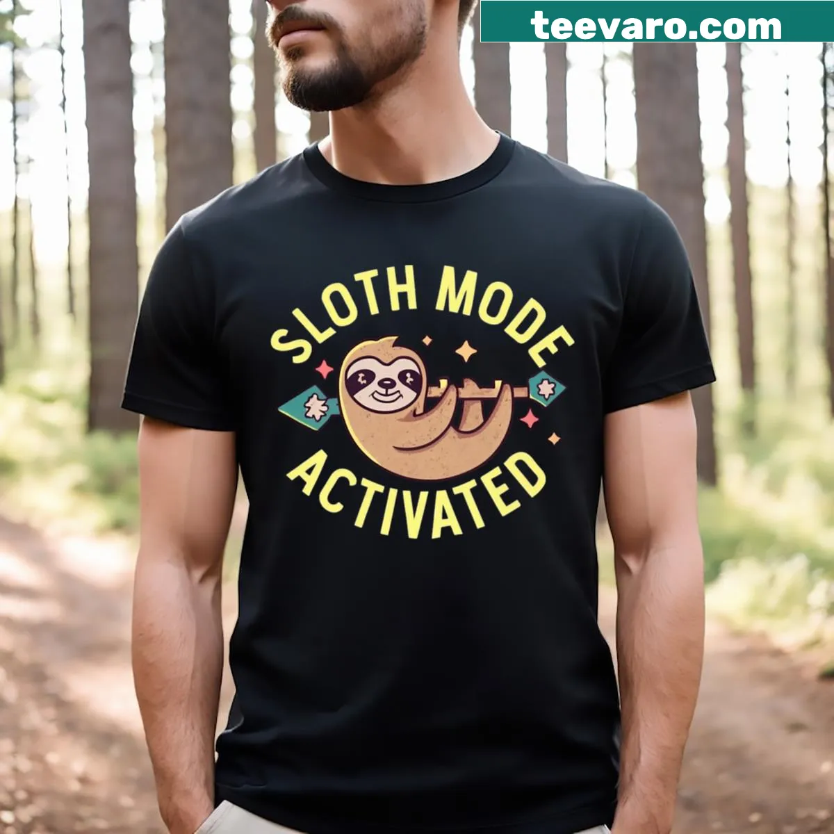 Cartoon sloth graphic with text 'Sloth Mode Activated' on t-shirt — on a men's t-shirt