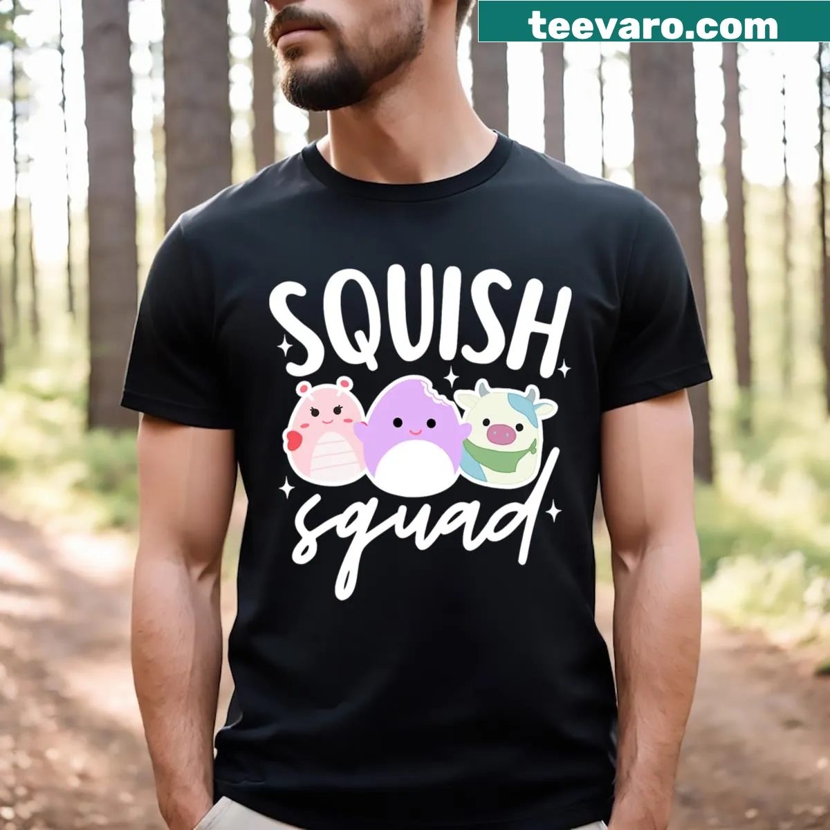 Cute marshmallow graphic with text 'Squish Squad' on t-shirt — on a men's t-shirt