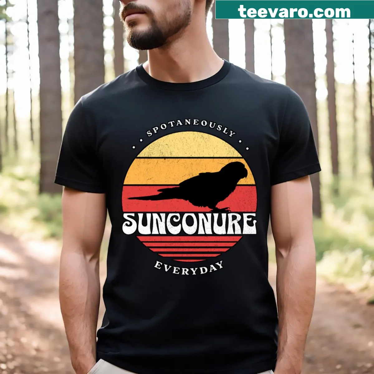 Vintage-style t-shirt with playful sunconure graphics and text — on a men's t-shirt