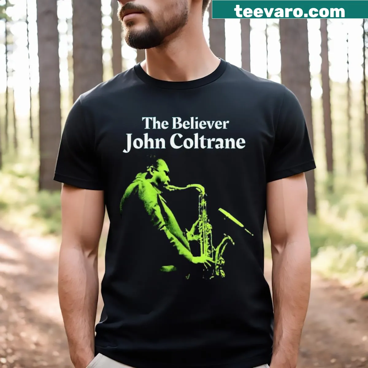 Inspirational T-shirt with bold typography spelling 'Believer' — on a men's t-shirt