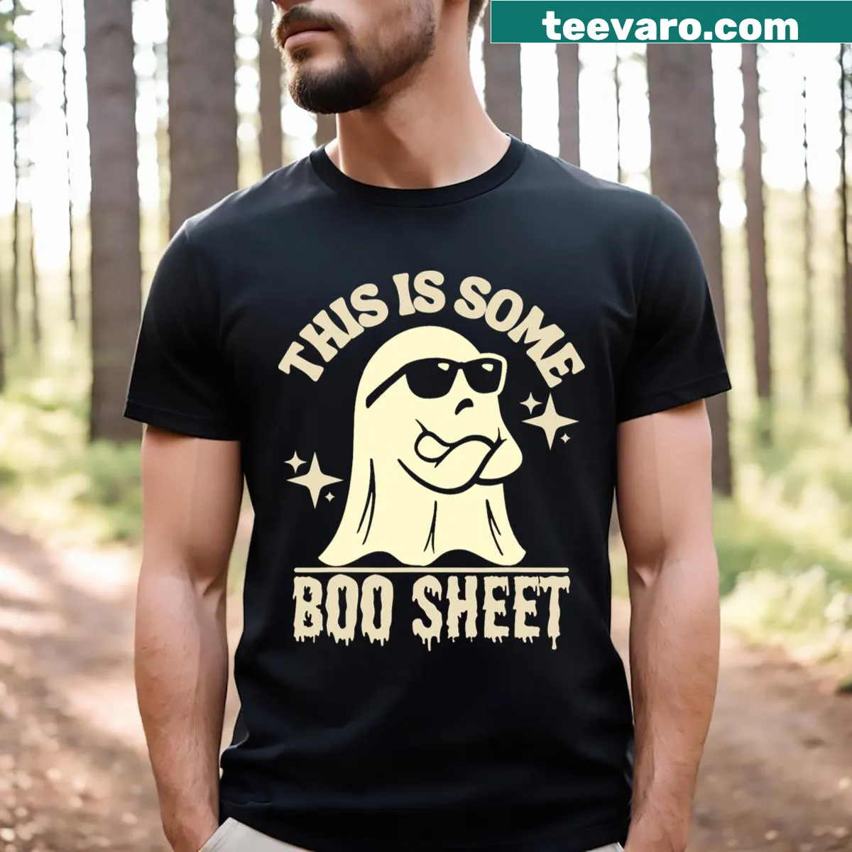 Humorous ghost graphic t-shirt with Halloween theme and pun. — on a men's t-shirt