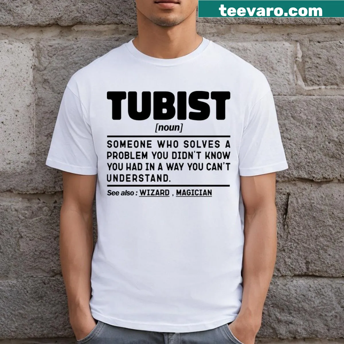 Funny T-shirt with tubist definition graphic — on a men's t-shirt